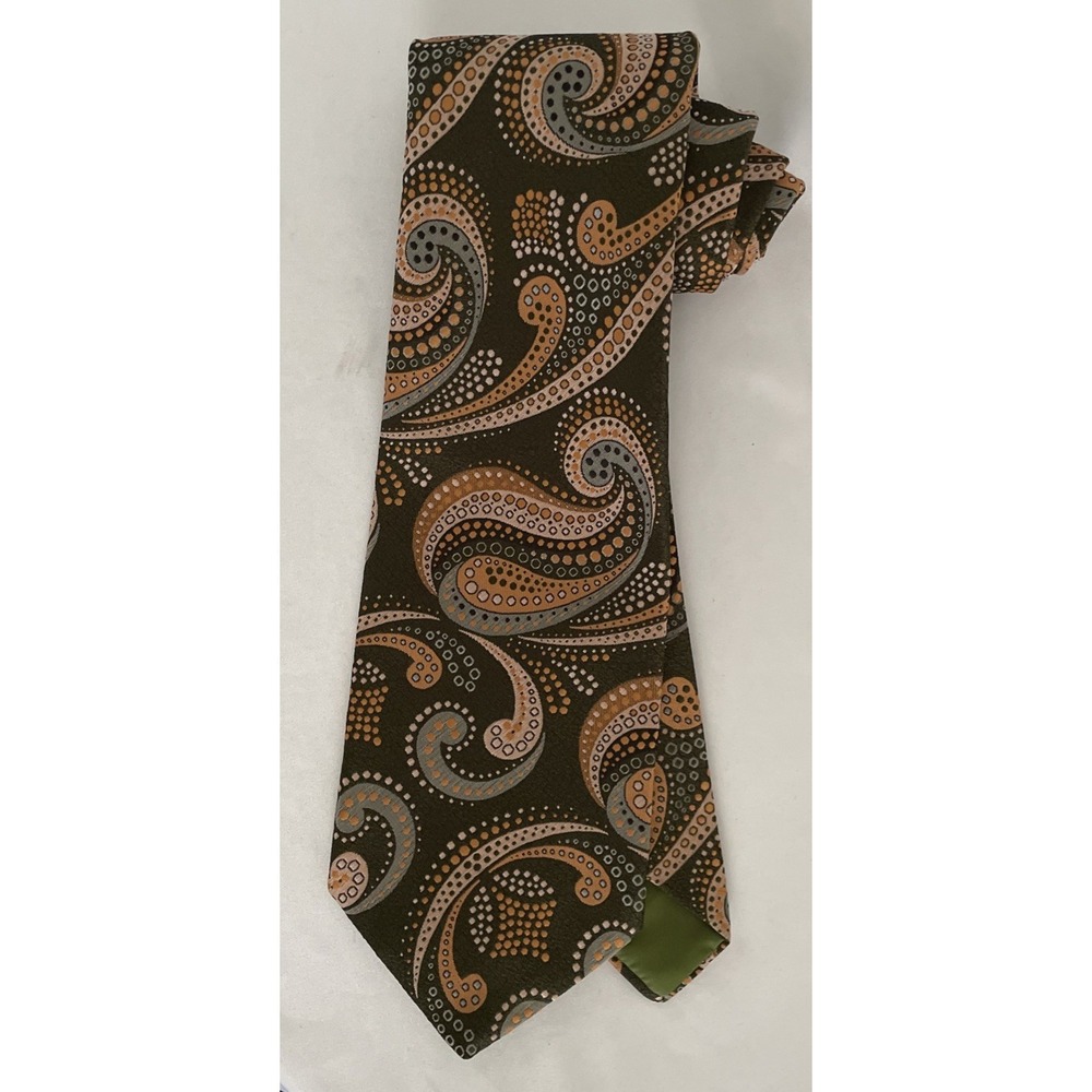 Vintage WEMBLEY Wemlon 70's Retro Neck Tie Paisley Print Olive Gold Gray